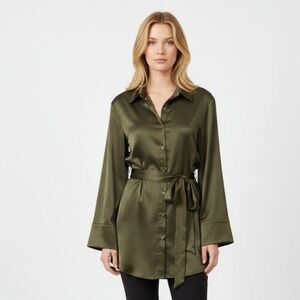 M.N.I. Los Angeles Army Green Satin Long Sleeve Belted Shirt Dress NEW S